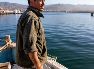 A weathered Mexican man stands on a fishing boat at harbor with Ensenada coast behind, his face serious and eyes squinting at the sea.