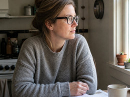 A woman in her early 40s sits at her kitchen table, looking thoughtfully out the window, her face marked by a small crescent scar below her left eyebrow.