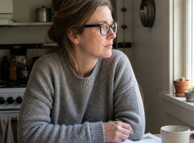 A woman in her early 40s sits at her kitchen table, looking thoughtfully out the window, her face marked by a small crescent scar below her left eyebrow.