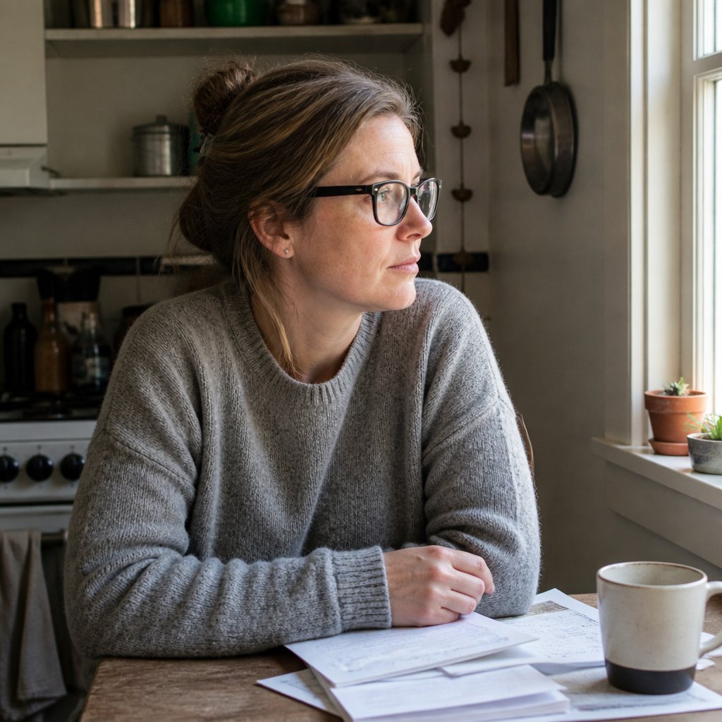 A woman in her early 40s sits at her kitchen table, looking thoughtfully out the window, her face marked by a small crescent scar below her left eyebrow.