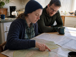 Woman studying maps and weather reports at kitchen table, looking thoughtful and concerned.