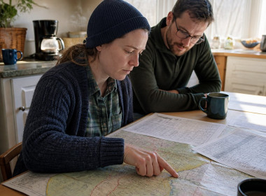 Woman studying maps and weather reports at kitchen table, looking thoughtful and concerned.