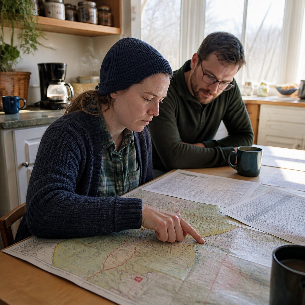 Woman studying maps and weather reports at kitchen table, looking thoughtful and concerned.