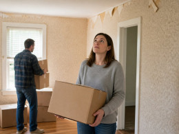 Woman looking up at a crooked ceiling vent in an empty living room while holding a box, man in background carrying boxes.