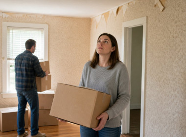 Woman looking up at a crooked ceiling vent in an empty living room while holding a box, man in background carrying boxes.