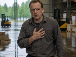 Middle-aged man in warehouse pressing hand to chest, looking tense.