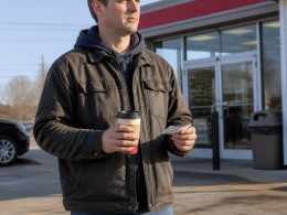 Man in work clothes holding coffee and lottery ticket outside a Speedway store in the early morning.