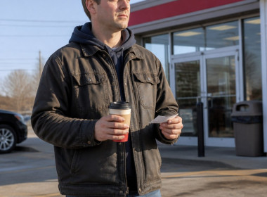 Man in work clothes holding coffee and lottery ticket outside a Speedway store in the early morning.