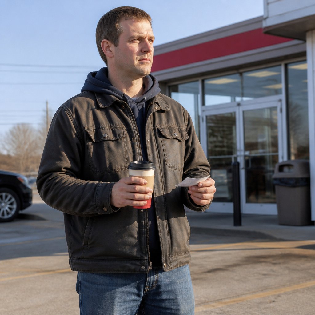 Man in work clothes holding coffee and lottery ticket outside a Speedway store in the early morning.