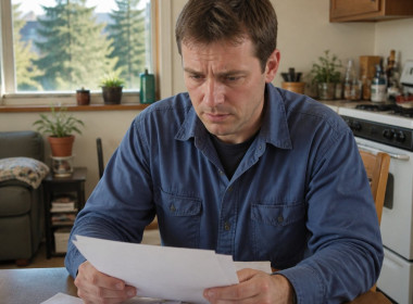 Daniel Mercer sitting at a kitchen table in a Spokane apartment, looking concerned while reviewing papers.