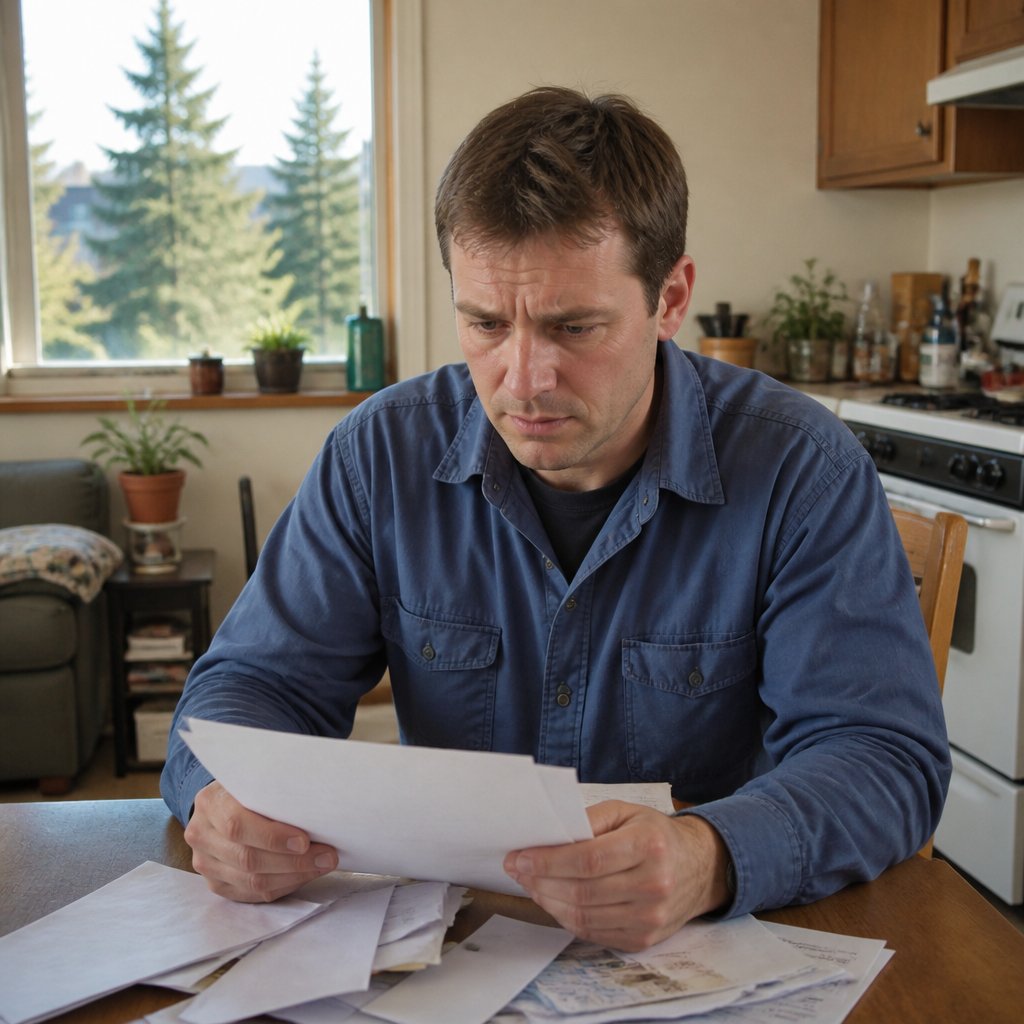 Daniel Mercer sitting at a kitchen table in a Spokane apartment, looking concerned while reviewing papers.