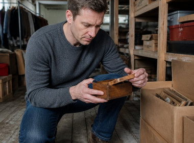 Man crouching in a cluttered basement holding a small cigar box, looking intently inside.