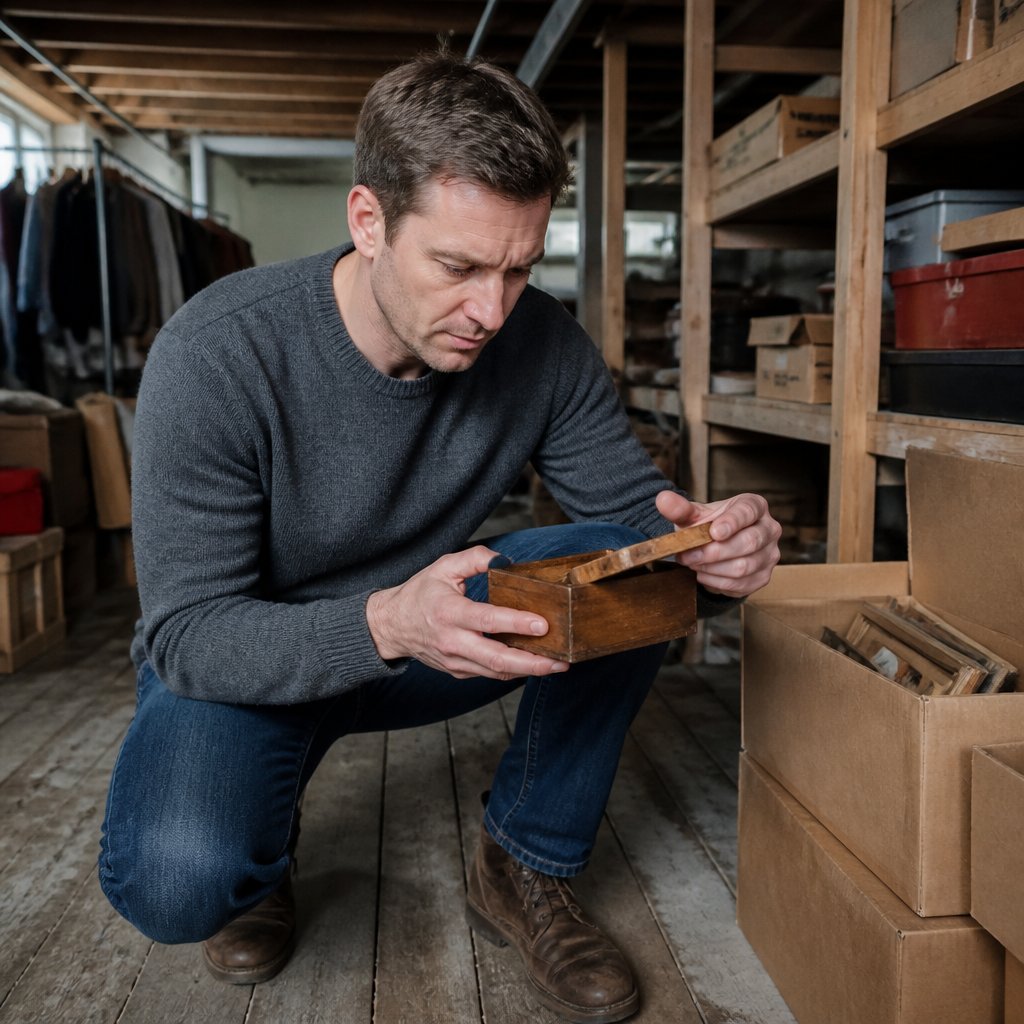 Man crouching in a cluttered basement holding a small cigar box, looking intently inside.