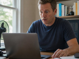 Man staring at laptop in shock in a home office.