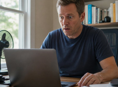 Man staring at laptop in shock in a home office.