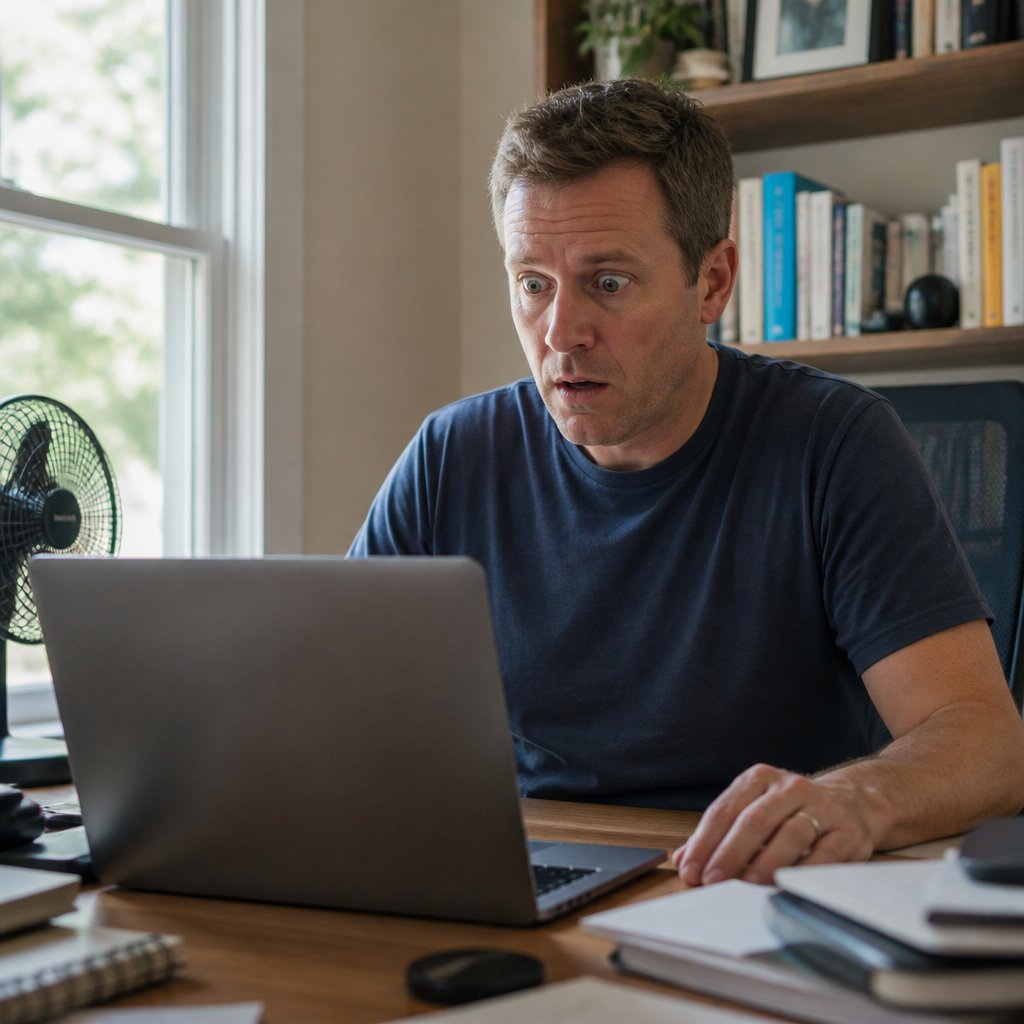 Man staring at laptop in shock in a home office.
