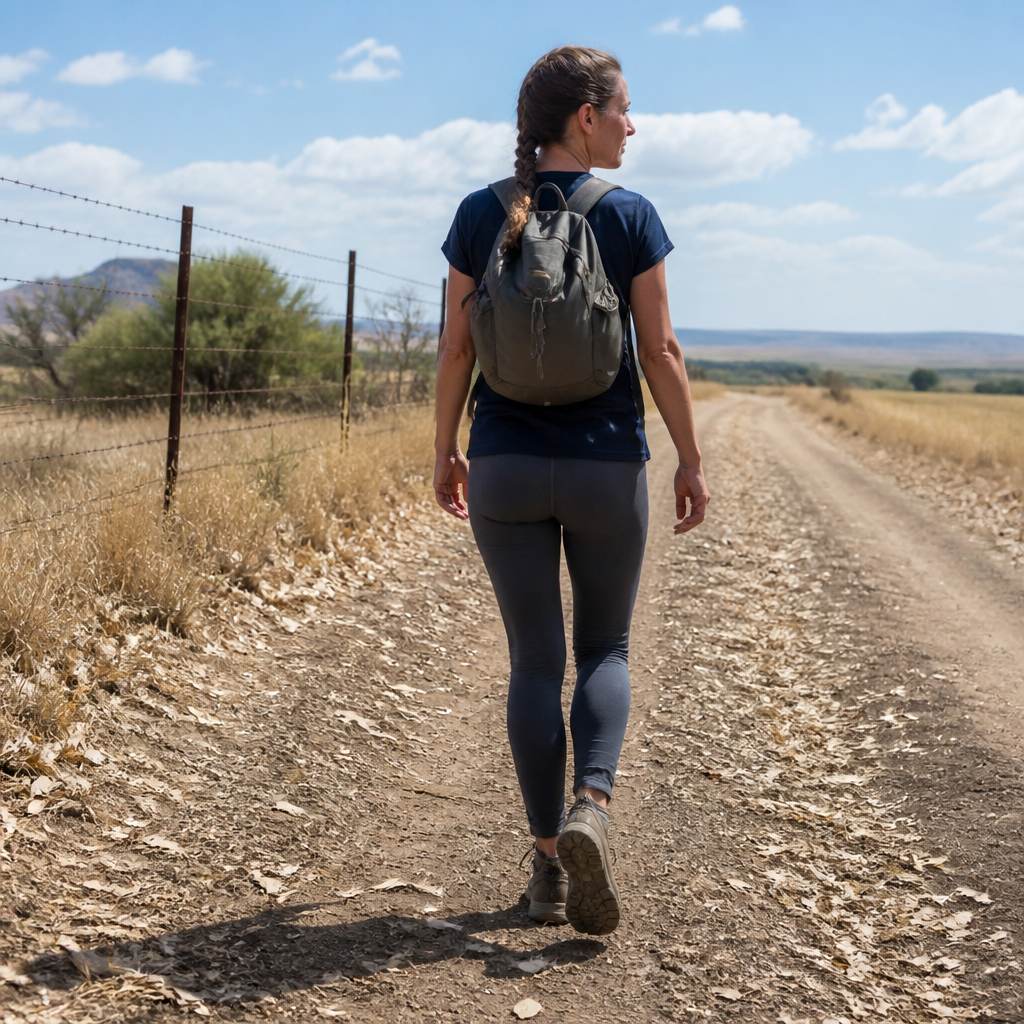Wide shot of a woman walking down a dusty two-track road beside a rusted fence, seen from behind.