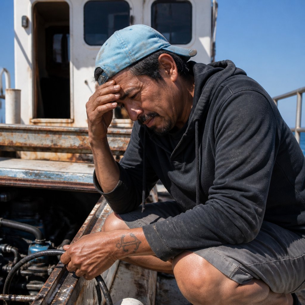 Man leaning over the boat engine inspecting a cracked fuel line, his face showing concern and focus.