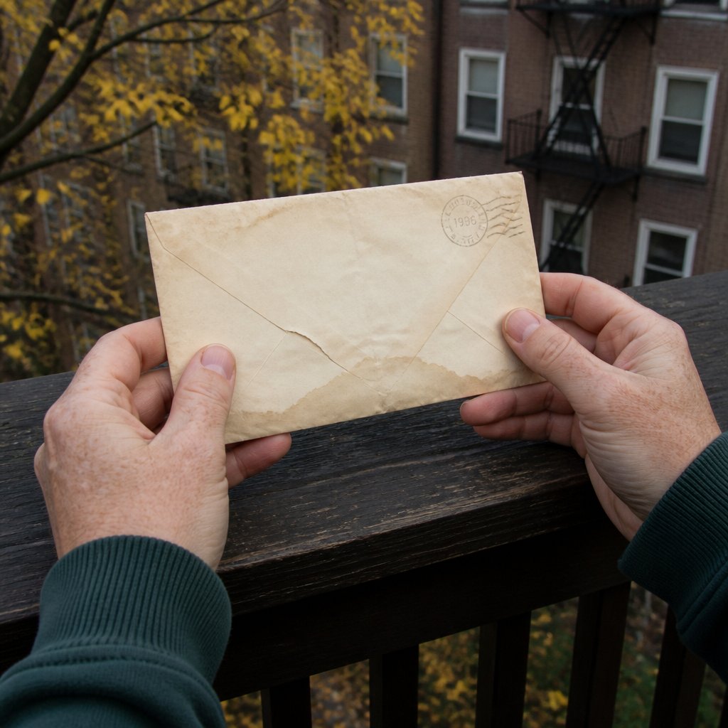 Close-up of a woman's freckled hands holding a water-stained envelope postmarked 1996.