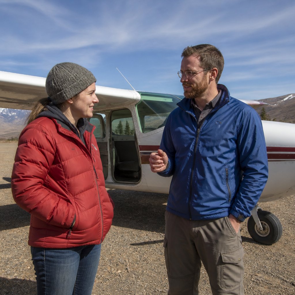 Couple standing beside a small plane at a remote airstrip, discussing flight plans.