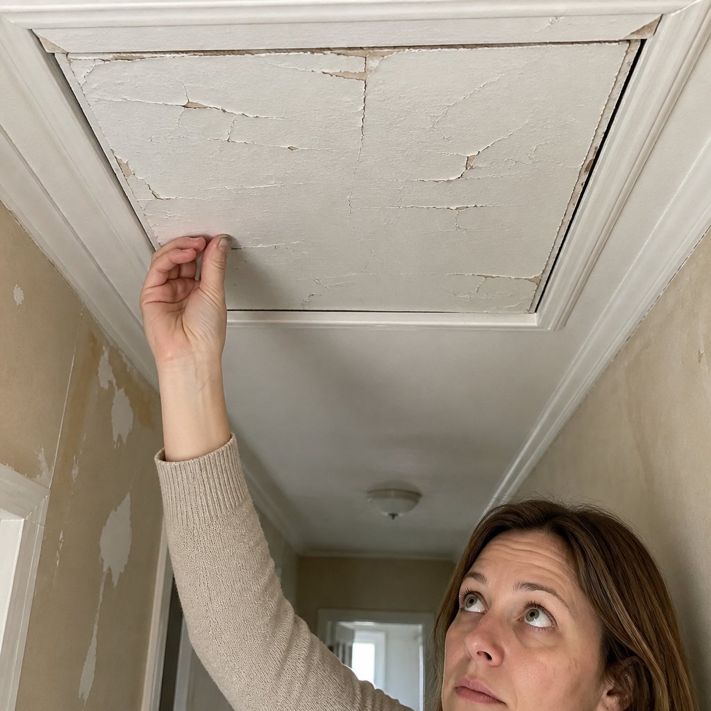 Woman reaching up to touch a painted-shut attic access panel in a hallway ceiling with tired eyes visible.