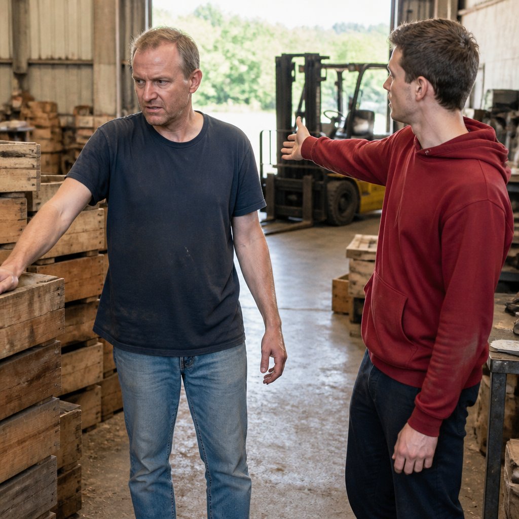 Man with left arm going numb while colleague signals forklift next to him.