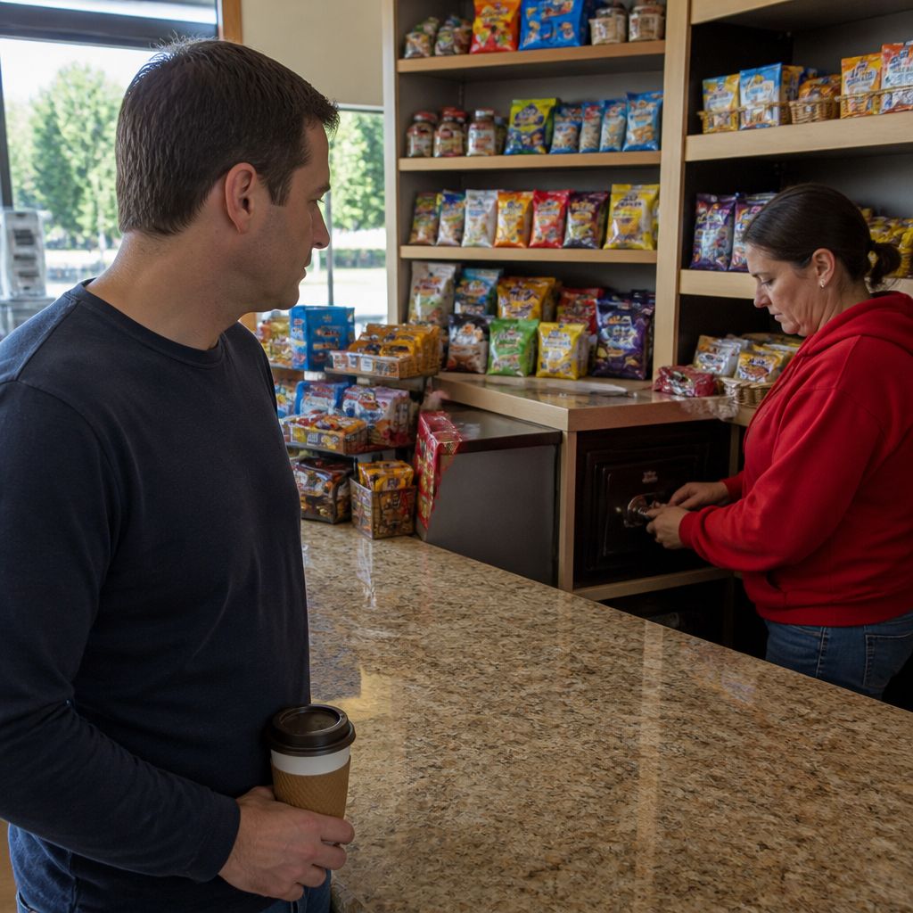 Man watching a female clerk lock a safe behind the counter inside a store.