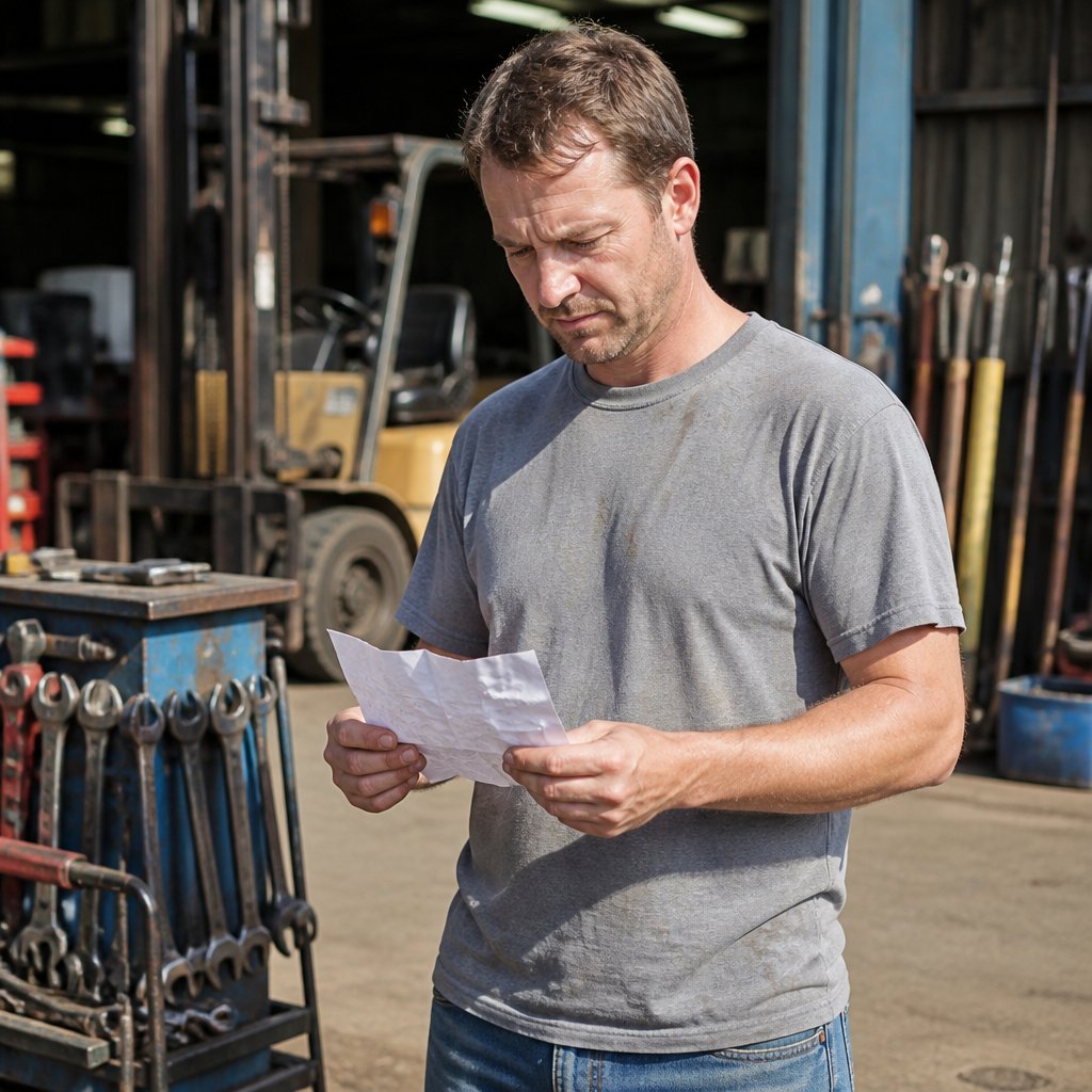 Daniel Mercer in a mechanic shop, examining unexpected mail with a puzzled look.