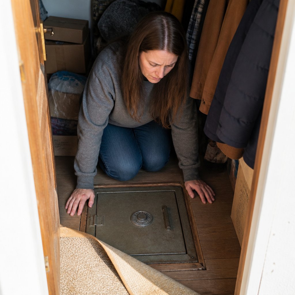 Woman kneeling by a hidden safe inside a closet floor, focused and anxious.
