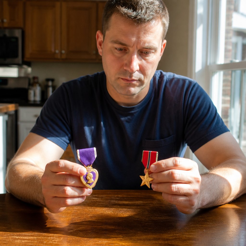 Man sitting at kitchen table examining military medals with a concentrated look.
