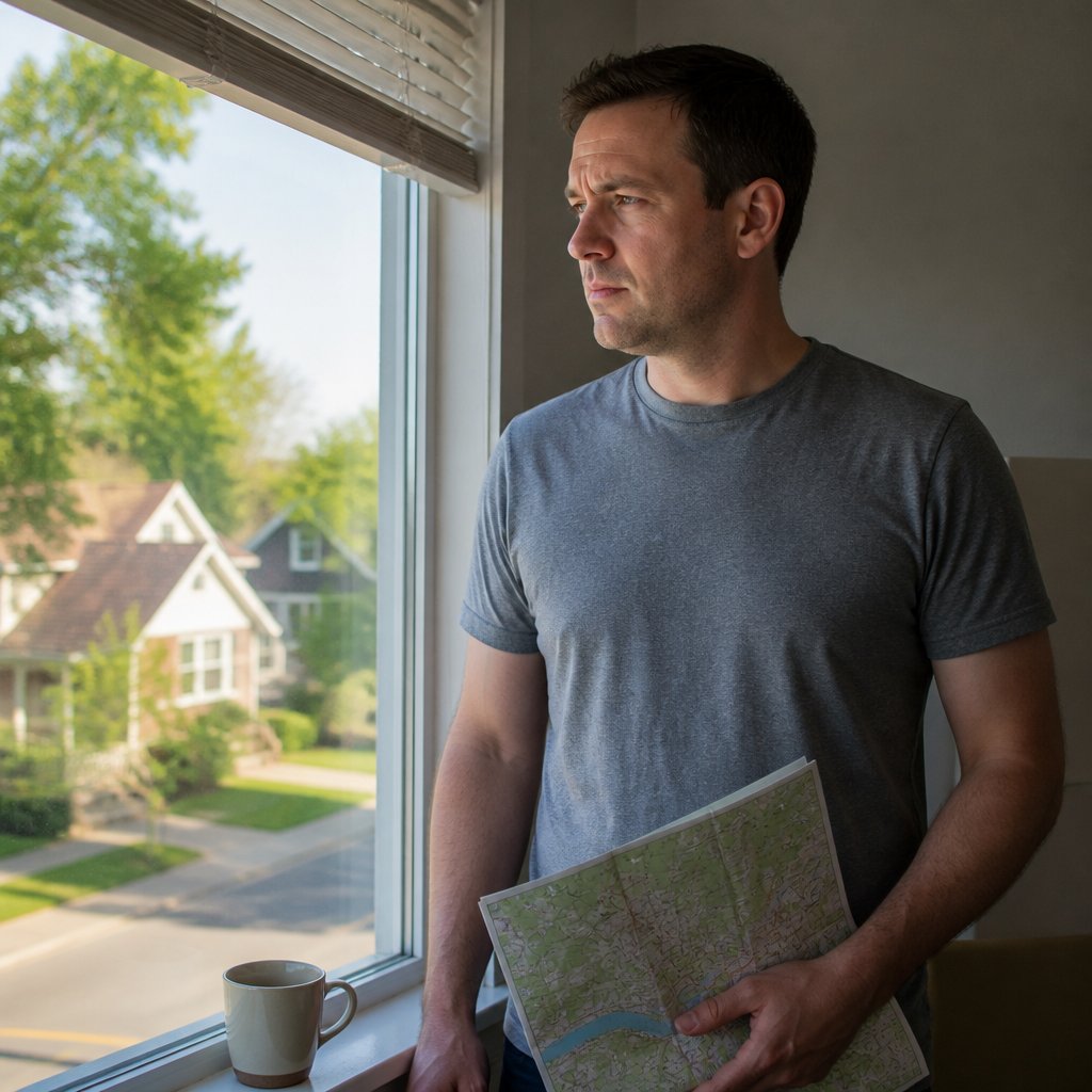 Man looking out window at neighborhood with map in hand.