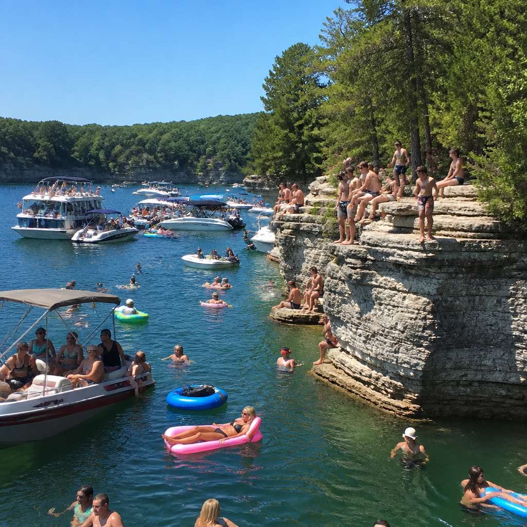 Crowded reservoir cove with boats clustered near a limestone cliff and people sitting on the edge.