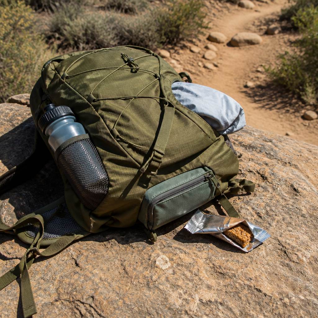 Close-up of an olive daypack on a sun-baked rock with a water bottle and wind shell visible.