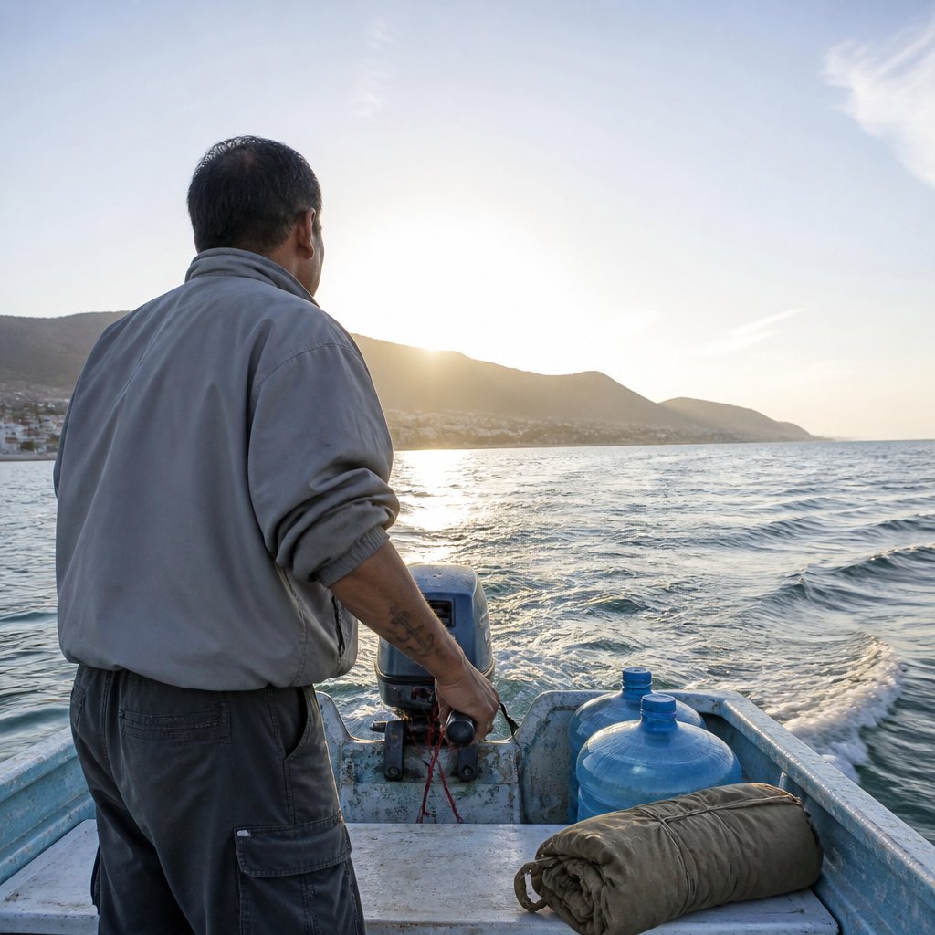 Man steering a fishing boat at dawn with minimal gear on deck, Ensenada shore receding.