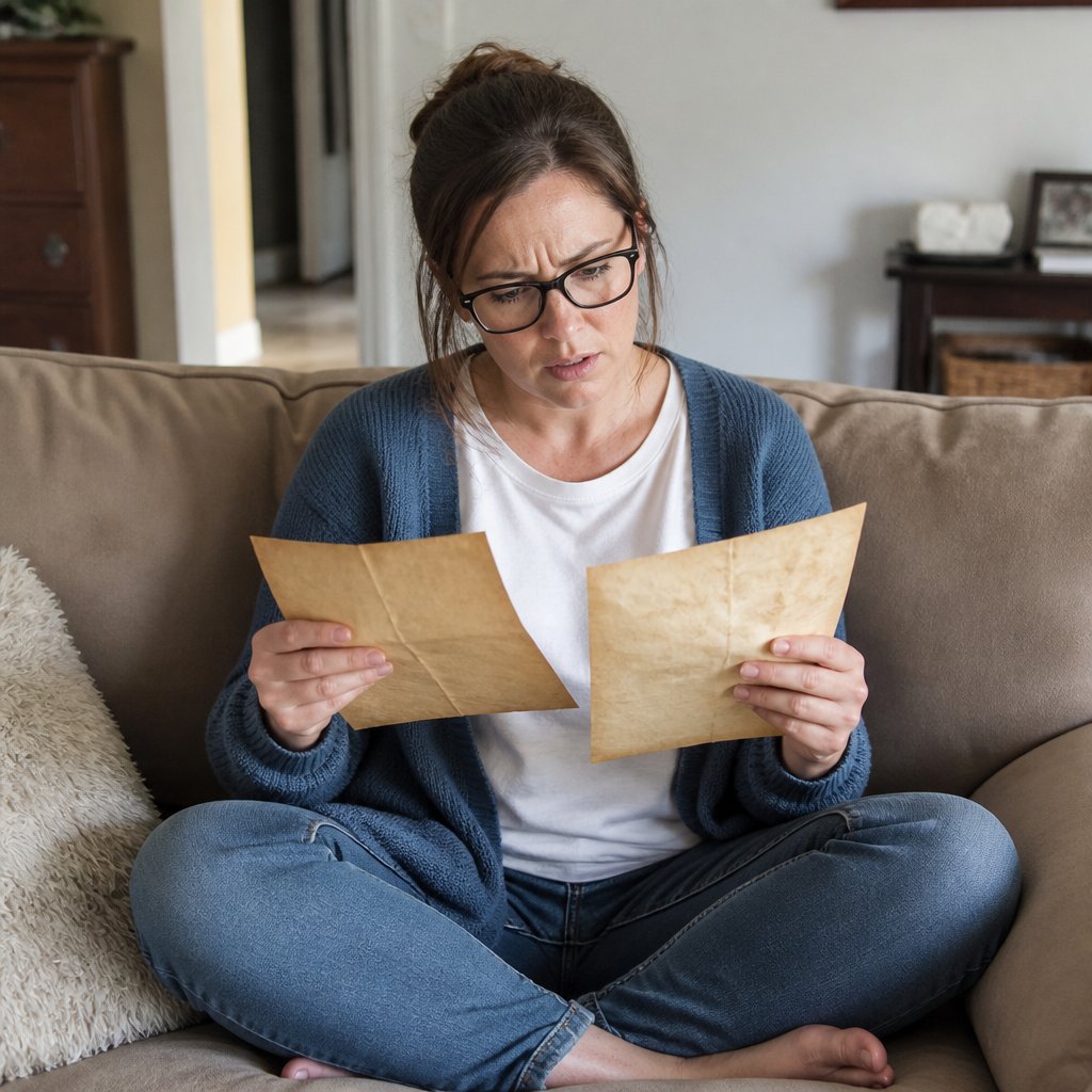 Woman on couch looks at two aged pages with her childhood handwriting, her expression full of shock and confusion.