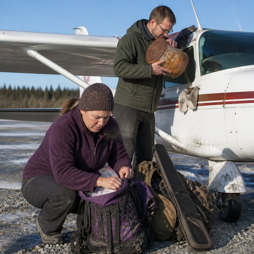 Man fueling plane while woman checks gear at a remote frozen airstrip.