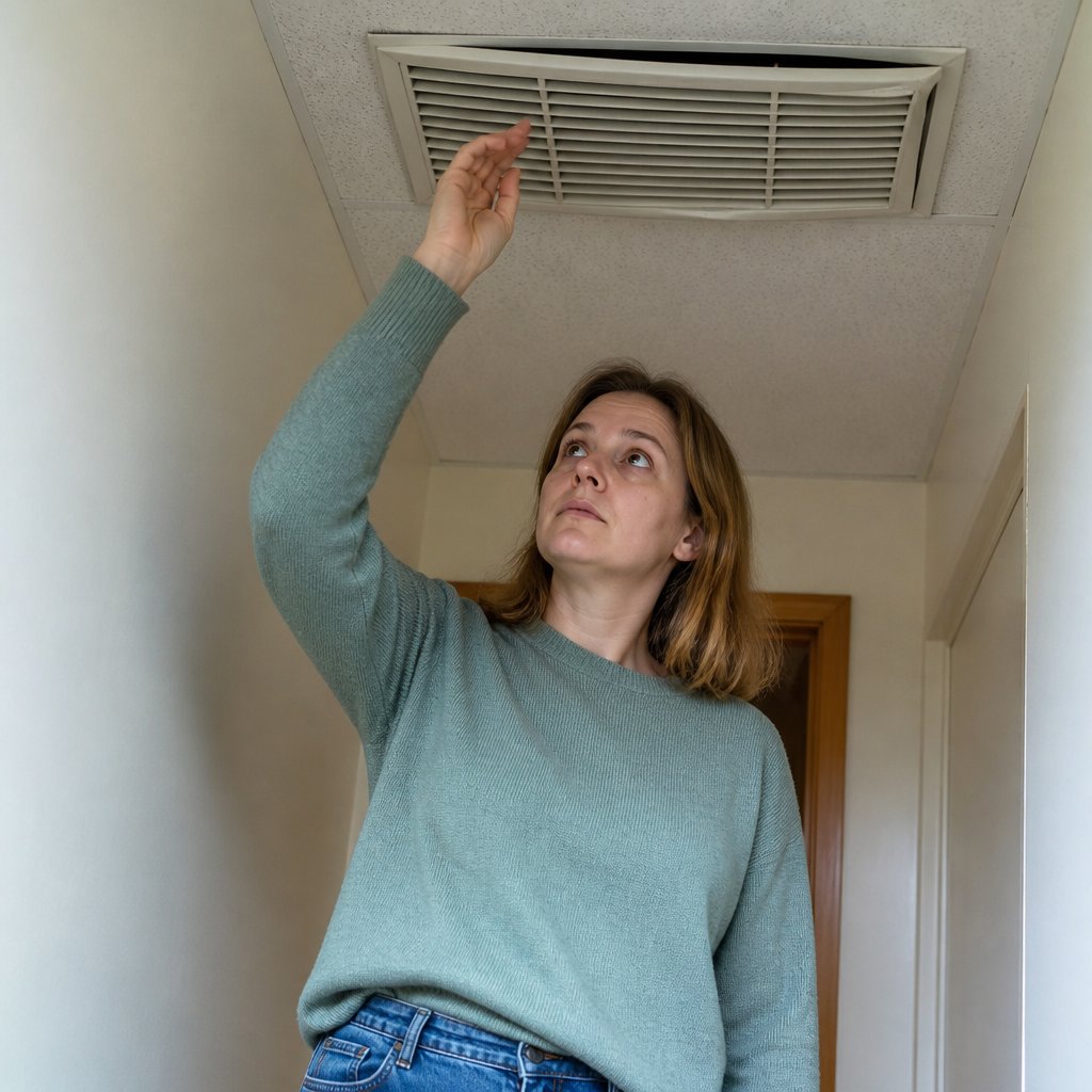 Woman standing under a crooked ceiling return vent, hand reaching up as she examines it closely.
