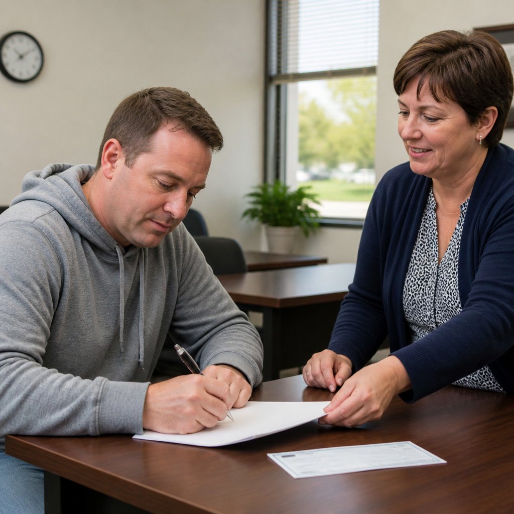 Man signing documents at a government lottery office with a claims officer.