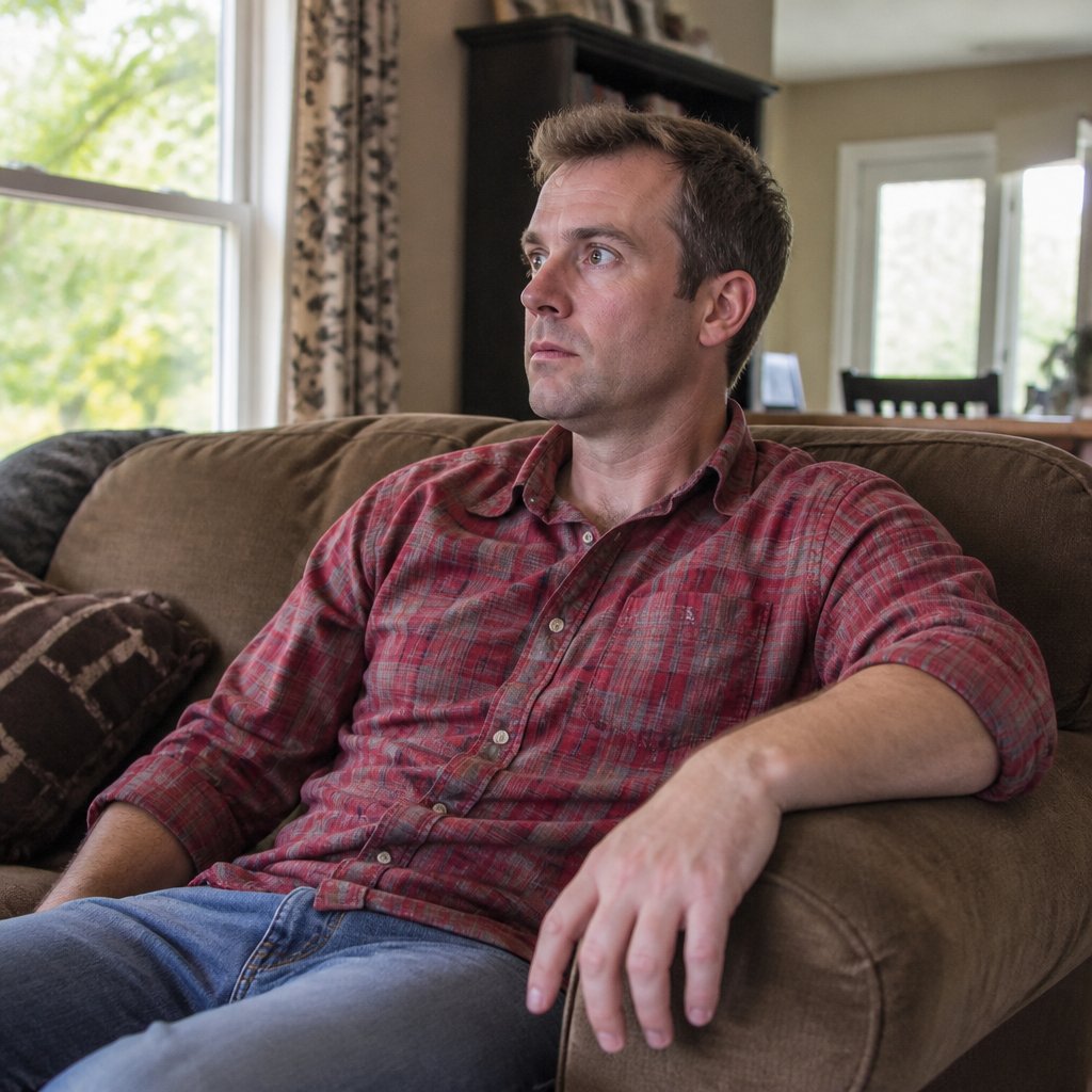 Daniel Mercer on a couch, stunned after receiving a hospital call about his identity.