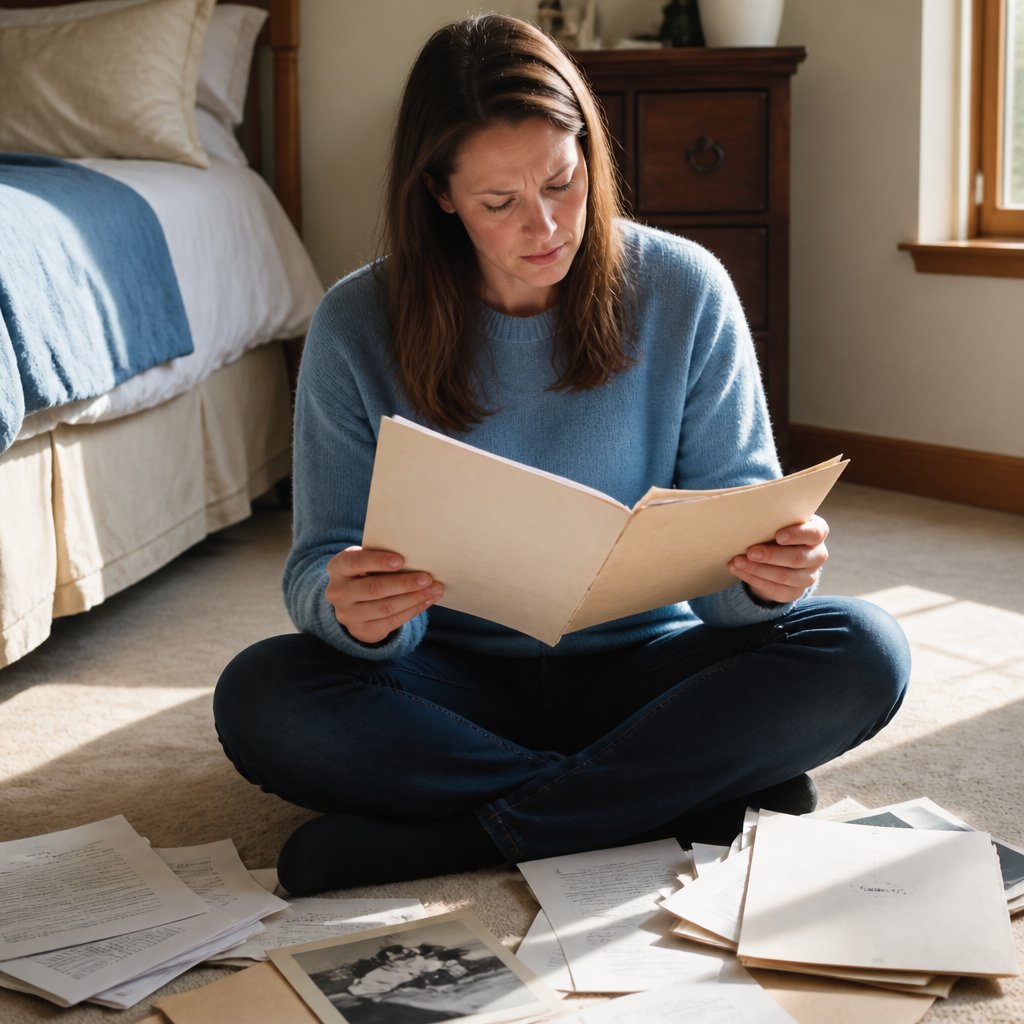 Woman examining two birth certificates inside a manila folder, looking puzzled.