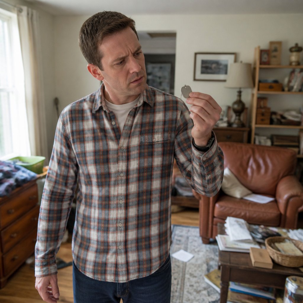 Man examining a dog tag closely in a cluttered living room, looking curious and puzzled.