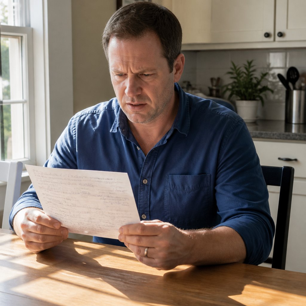 Man studying printed page with notes at kitchen table in sunlight.