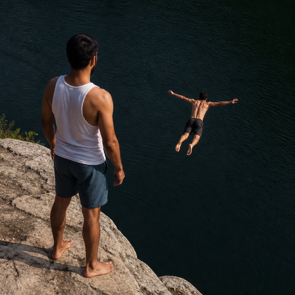 Mason at the cliff edge watching another jumper, with friends Ravi in a cap and Dee with short dark hair nearby.