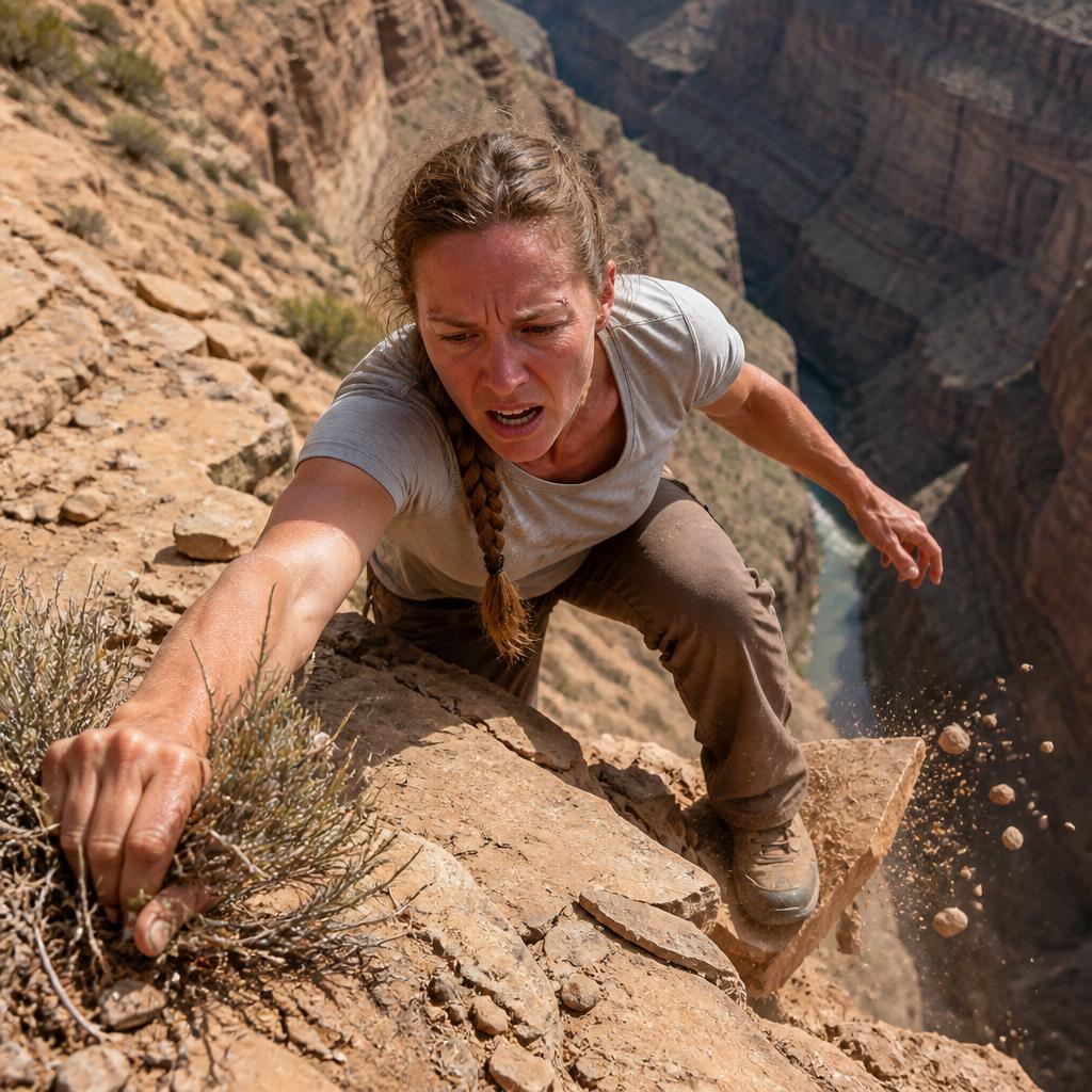 Woman falling at the canyon lip, grabbing brush as a thin rock slab crumbles under her boot.