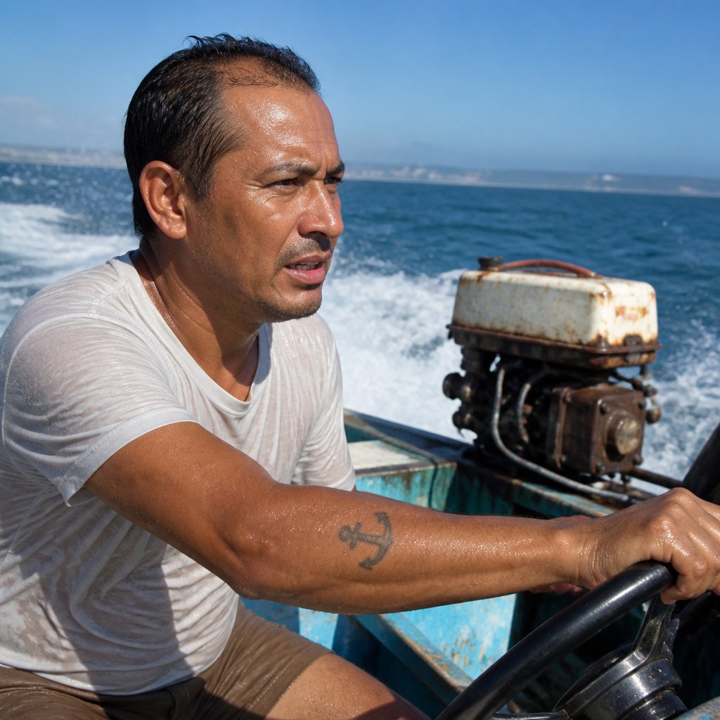 Man struggling to control a fishing boat drifting sideways after engine seized, spray hitting his face.