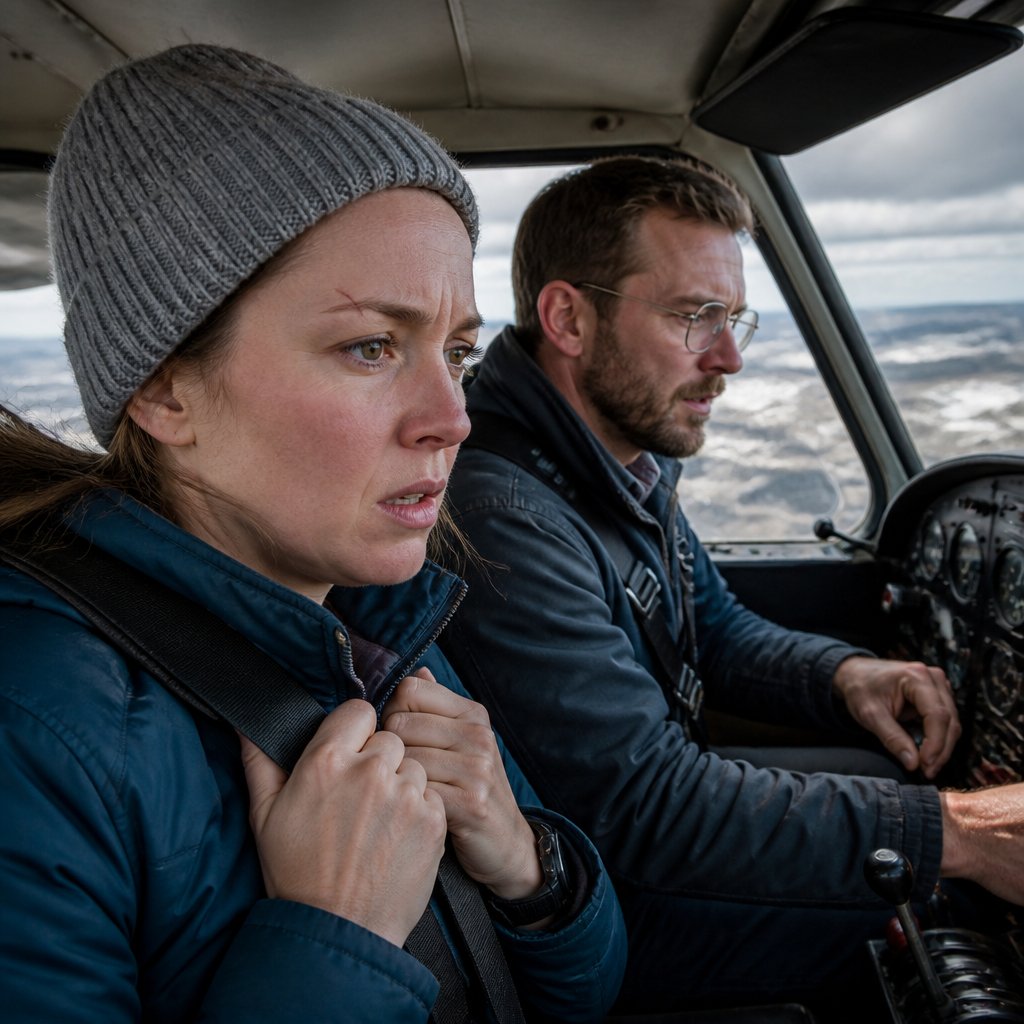 Couple inside small plane cockpit, woman tense, man adjusting controls as engine falters.