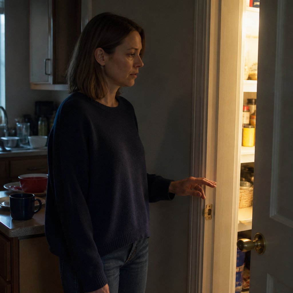 Woman hesitating at pantry door left open with light inside, hand near warm handle, looking worried.