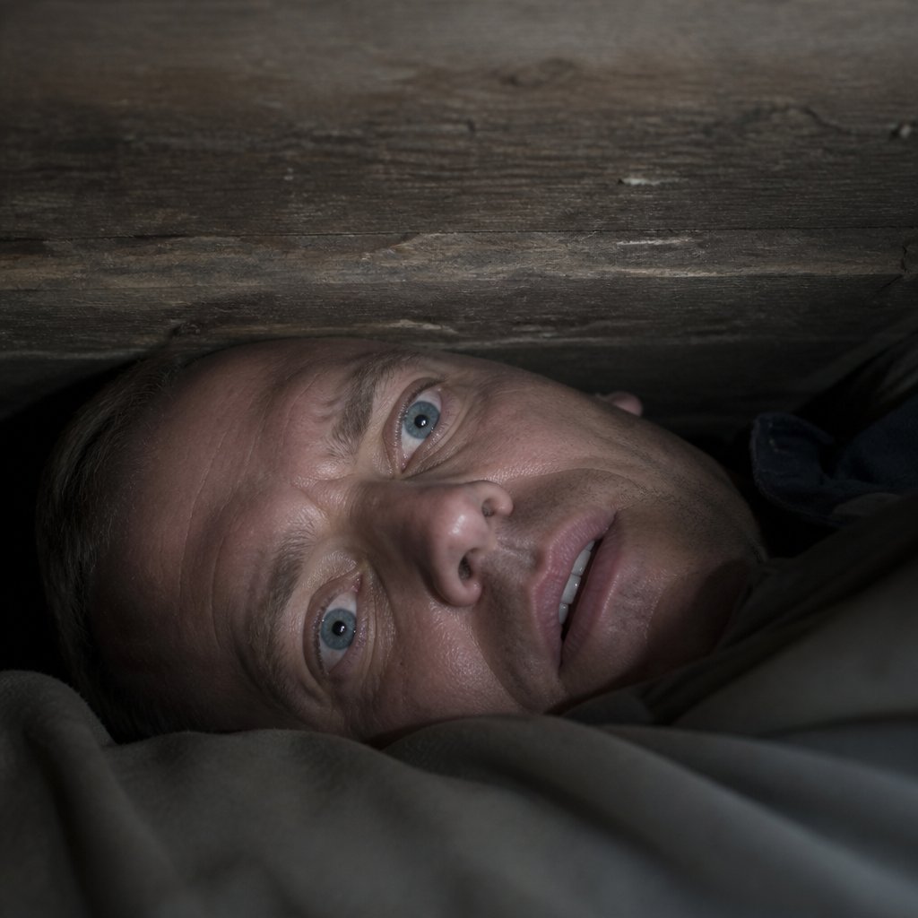 Man lying under a coffin lid, eyes open, hearing voices above.