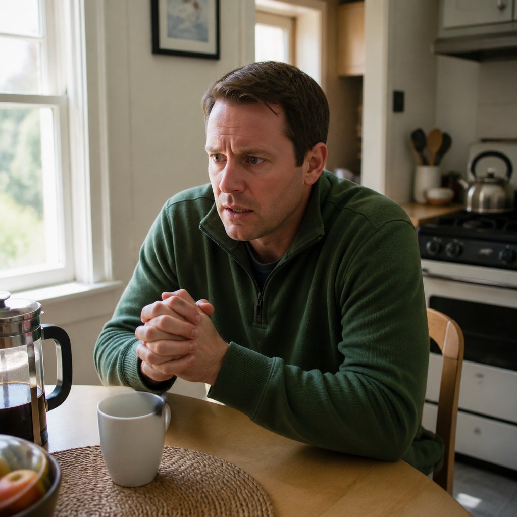 Daniel Mercer anxiously talking on the phone in his kitchen, clutching the table edge.