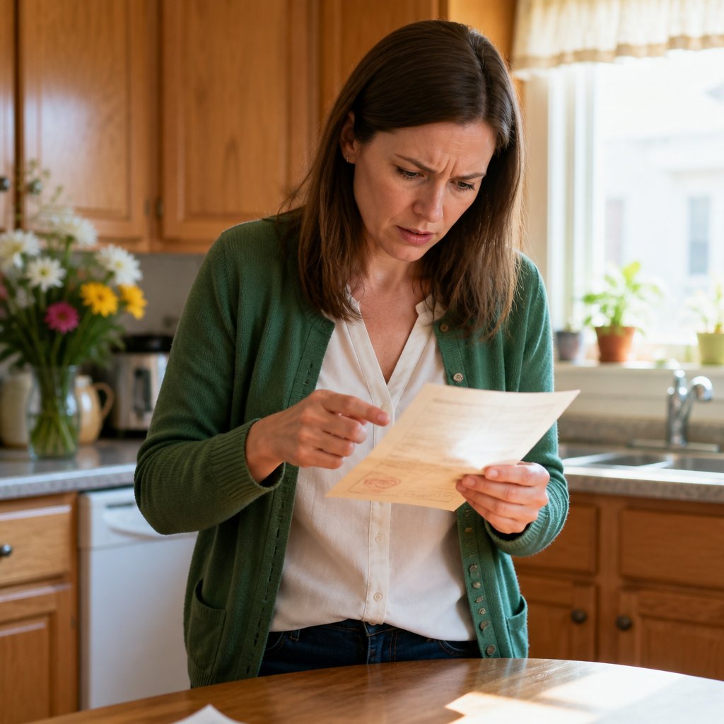 Woman examining a birth certificate with a delayed registration stamp, expression concerned.
